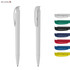 A white plastic pen with a clip, accompanied by pens in red, green, blue, black, and yellow, featuring a logo.