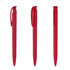 A set of red plastic pens displayed from different angles, featuring a clip and a smooth design. Branding is present.