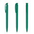 A set of three green plastic pens with a sleek design and a clip for attachment. The product has branding on it.