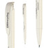 A plastic pen in a light cream colour with a textured finish, featuring a branding logo.