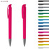 A pink plastic pen with a silver tip, featuring a clip. It has a logo and is displayed alongside various coloured pens.