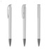 A set of white plastic pens with shiny silver tips, featuring a clip on the side and a smooth barrel design.
