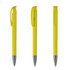 A plastic pen in bright yellow with a clip and chrome tip, displayed from three angles. Includes branding.