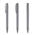 A grey plastic pen featuring a sleek design and a clip, displayed from multiple angles. It has a branding logo.