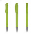 A set of three transparent green plastic pens with a clip and silver accents. They have a simple, sleek design.