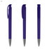 A transparent purple plastic pen with a silver tip, featuring a clip and a branding logo.