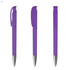 A set of three purple plastic pens with silver accents and clips. Each pen has a cap and a smooth design.