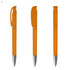 Three plastic pens in a vibrant orange colour with a silver tip and clip, featuring a sleek design and branding.