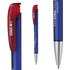 A blue plastic pen with a red cap and silver tip, featuring a logo on the barrel.
