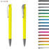 A bright yellow plastic pen with a click mechanism and silver clip, alongside a variety of other coloured pens.