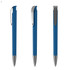 A blue plastic pen with a silver clip, featuring a sleek design and a shiny tip. It includes a logo on the barrel.