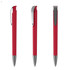 A red plastic pen with a silver clip, displayed from three angles. It features a sleek, modern design.