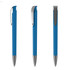 A blue plastic pen with a silver clip, displayed from three different angles. The pen has a smooth finish and a branding logo.