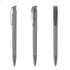 A grey plastic pen featuring a sleek design and a clip, showcasing three different angles.