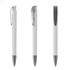 A white plastic pen with a silver clip and tip, featuring a sleek design and branding on the clip.
