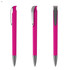 A pink plastic pen with a silver clip and a sleek design, displayed from multiple angles.