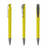 A yellow plastic pen with a silver clip, displayed in multiple angles. The pen features a sleek design.
