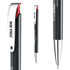 A black plastic pen with a silver clip and red accents, featuring branding on the clip.