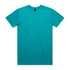 A teal T-shirt featuring a logo on the neckline, presented flat on a white background.