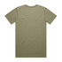 A plain olive green t-shirt with short sleeves and a round neckline, featuring a logo on the back.