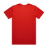 A plain red T-shirt with a classic crew neckline and short sleeves, featuring a logo on the back.