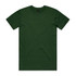 A green t-shirt with a crew neck and short sleeves, featuring a minimalistic design and a tag.