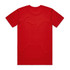 A red T-shirt with a plain back, featuring a logo at the neckline.