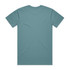 A teal t-shirt featuring a plain back design and a logo on the label.