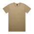 A plain beige T-shirt with a round neckline and short sleeves, featuring a logo on the tag.
