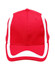 A red cap with white stripes and a logo. It features a curved brim and ventilation holes on top.