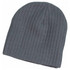 A cable knit beanie in a dark grey colour, featuring a ribbed texture and a logo on the side.