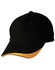 A black cap featuring a yellow peak and an understated logo on the front.