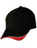 A black cap with a red accent on the visor, featuring a logo on the front.