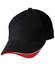 A black cap with a red underbrim and a logo on the front. Features a classic baseball-style design.