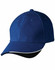 A blue cap with a black peak and a white accent, featuring a logo on the front.