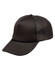 A black trucker cap featuring a solid front panel and a mesh back, complete with a logo.