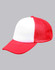 A red and white trucker cap with a solid front panel and mesh back. It features a curved peak and has a logo.