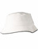 A white bucket hat with a textured pique mesh design and sandwich trim, featuring a logo.