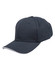 A navy blue cap with a textured mesh design and a contrasting trim. Features a branding logo.