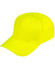 A bright yellow cap with a structured design and a curved brim, featuring a logo on the front.