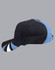 A tri-colour cap featuring black, blue, and white detailing, designed with a logo on the side.