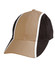 A tri-colour baseball cap featuring black, tan, and white panels, with a curved brim and a rear adjustment strap.