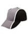 A tri-colour baseball cap featuring grey, black, and white shades with a logo.