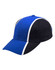 A tri-colour baseball cap featuring blue, black, and white sections, with a curved brim and a logo.