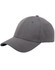 A grey cap with a solid front and perforated paneling, featuring a curved brim and a logo.