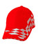 A red cap featuring a checkered embroidery design and a logo.
