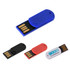 A collection of paper clip flash drives in blue, black, red, and white, featuring a logo on one model.