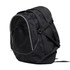 A black backpack featuring multiple zippered compartments and adjustable straps, with a logo on the side.