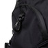 A black backpack featuring a textured surface and a sturdy clip detail. It includes a logo on the exterior.
