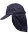 A navy poly cotton legionnaire hat featuring an extended neck flap and a front brim, with a logo on the side.